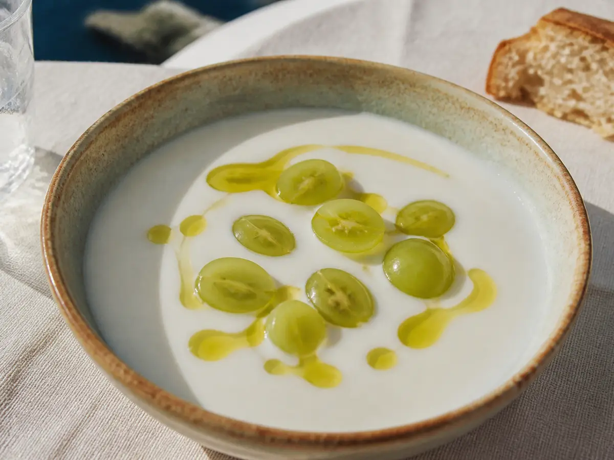 Cuenco de ajoblanco con uvas moscatel partidas y un hilo de aceite, sobre mantel de lino