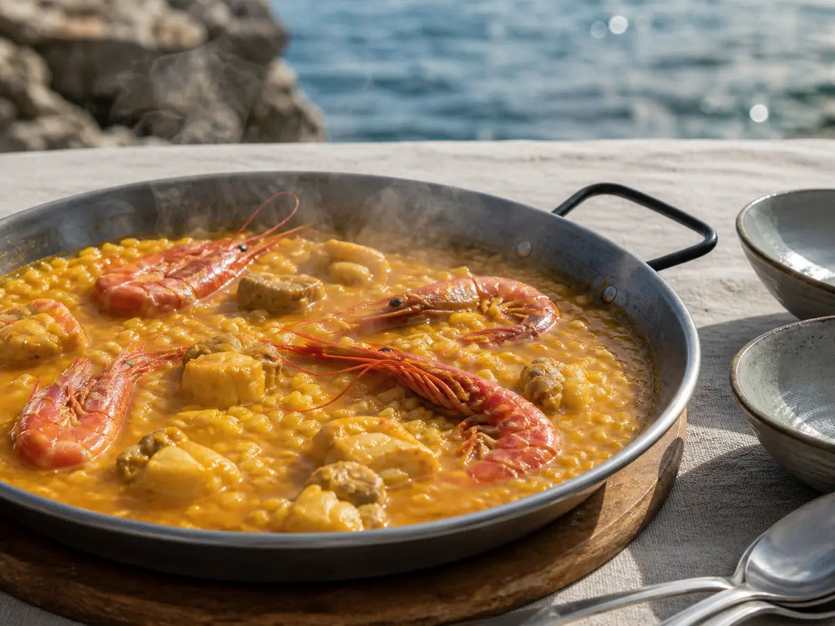 Monkfish and prawn soupy rice served in the pan