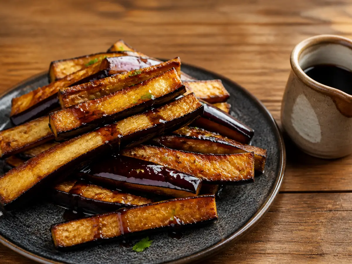 Bastones de berenjena fritos apilados en un plato oscuro con miel de caña brillante