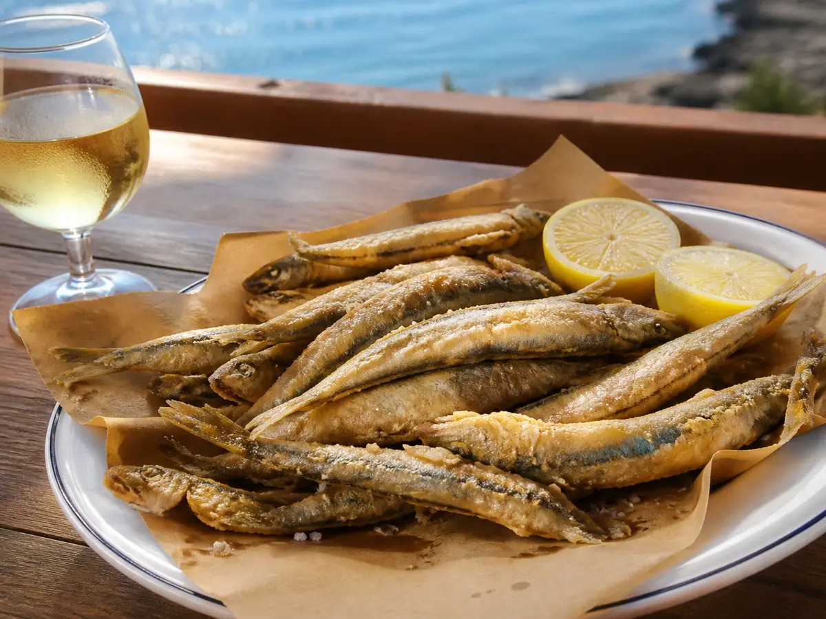 Boquerones al limón recién fritos sobre papel