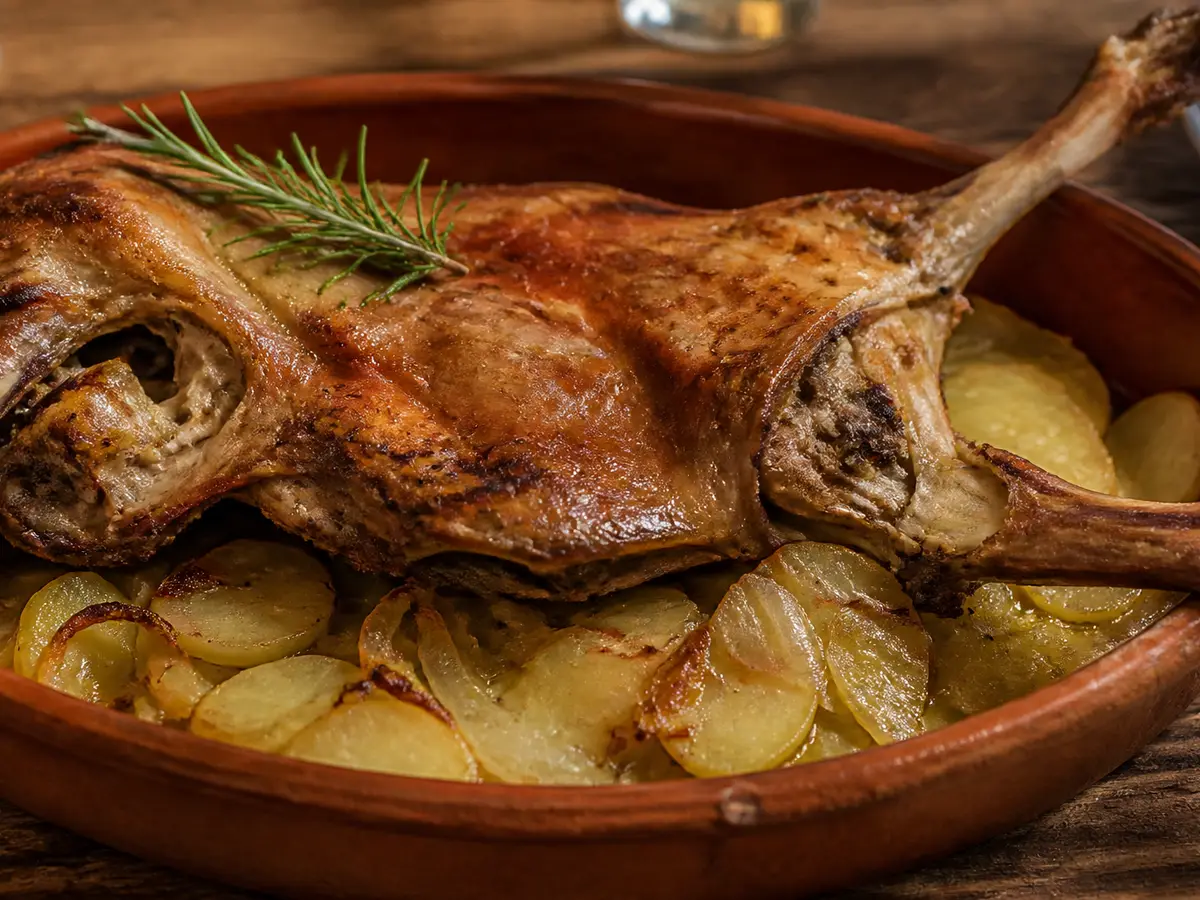 Golden kid goat shoulder over panadera potatoes in a clay dish, with rosemary