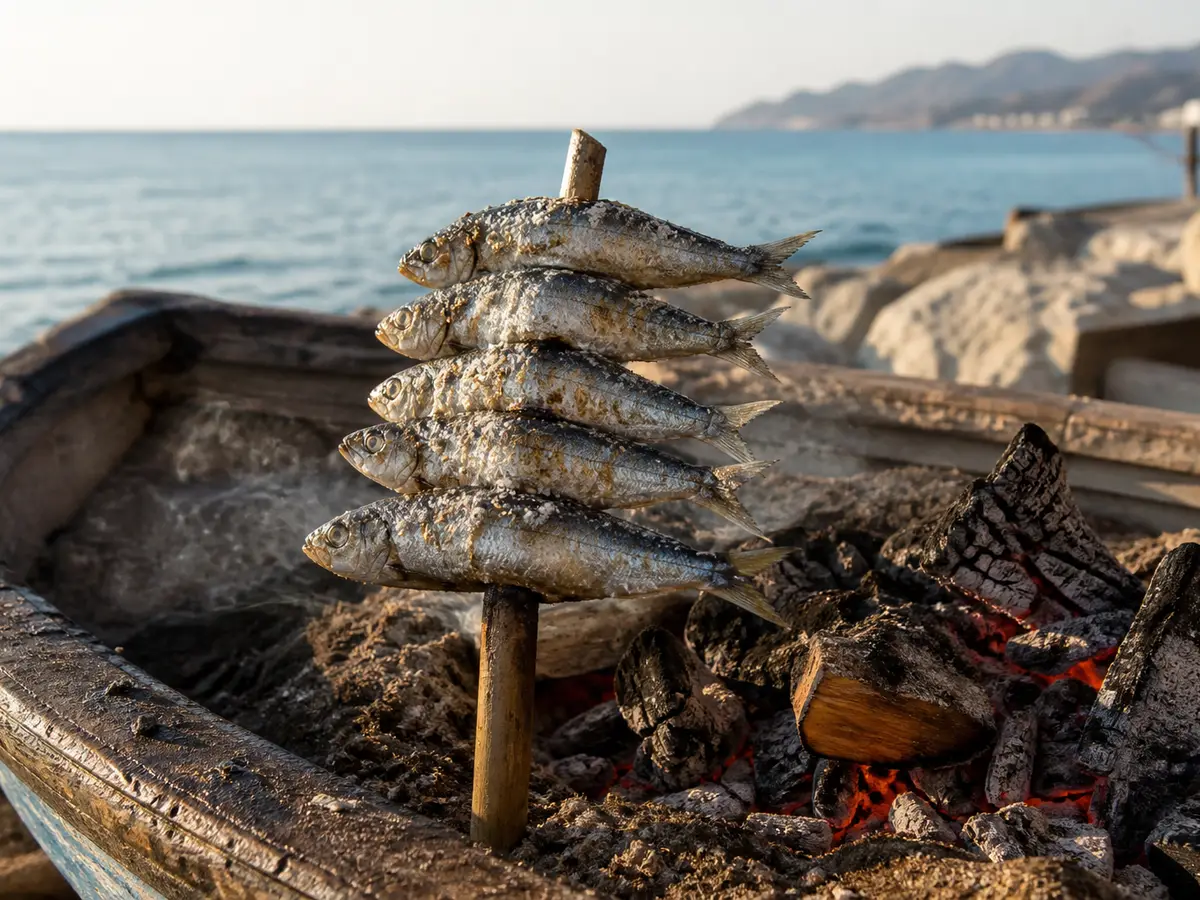 Sardine espetos over olive-wood embers in the terrace boat