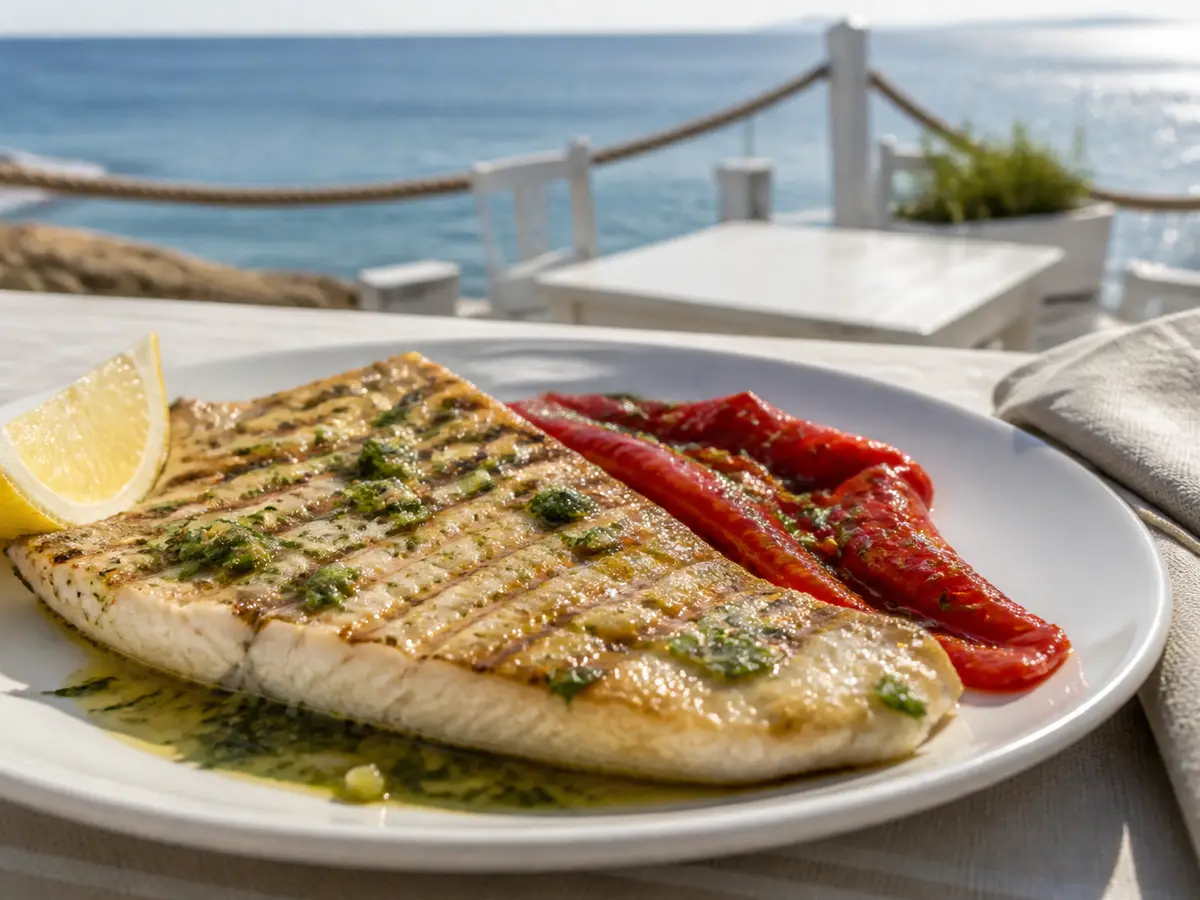 Lomo de rosada marcado en la plancha con tiras de pimiento asado y aliño de perejil, en plato blanco