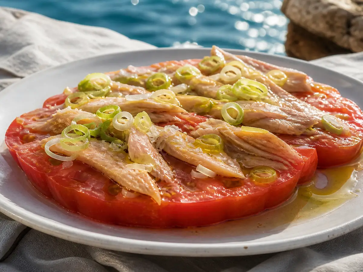 Thick slices of huevo de toro tomato with tuna belly, coarse salt and oil, on a white plate