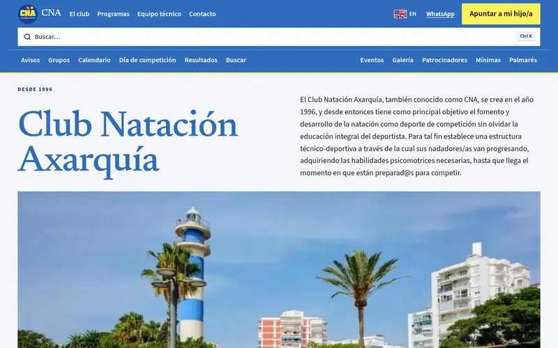 The elcna.es home page on desktop — Club Natación Axarquía, swimming in Vélez-Málaga since 1996