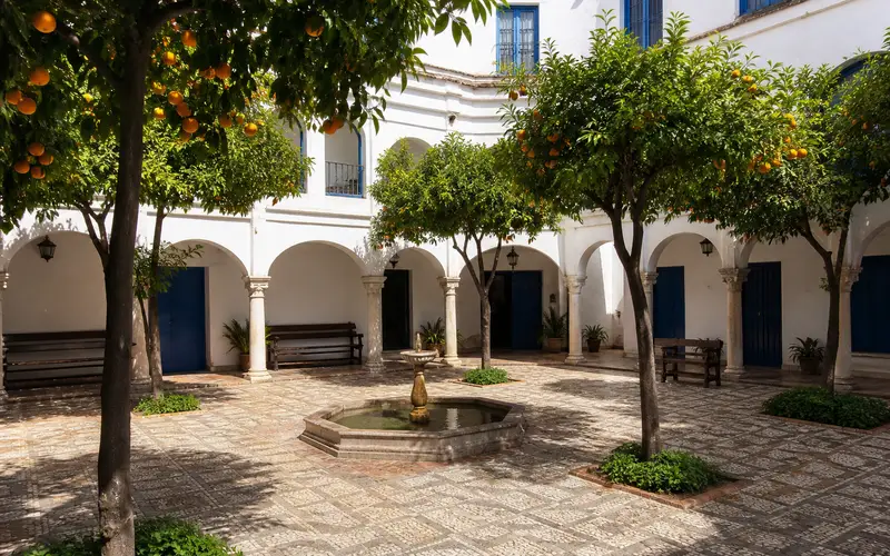 Orange-tree courtyard with a stone fountain and hydraulic-tile floor