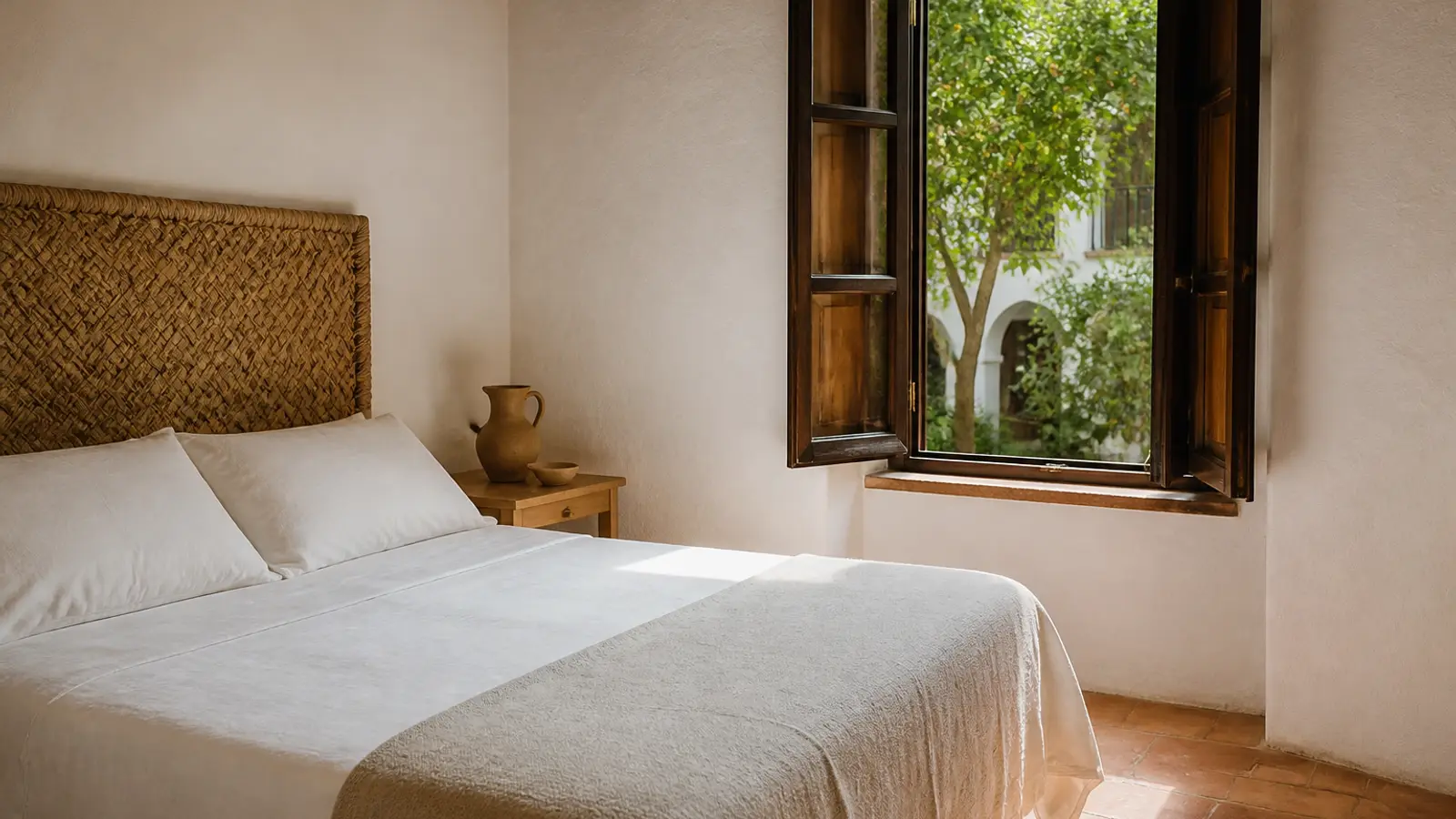 Habitación blanca con cama de algodón y ventana abierta a un patio de naranjos