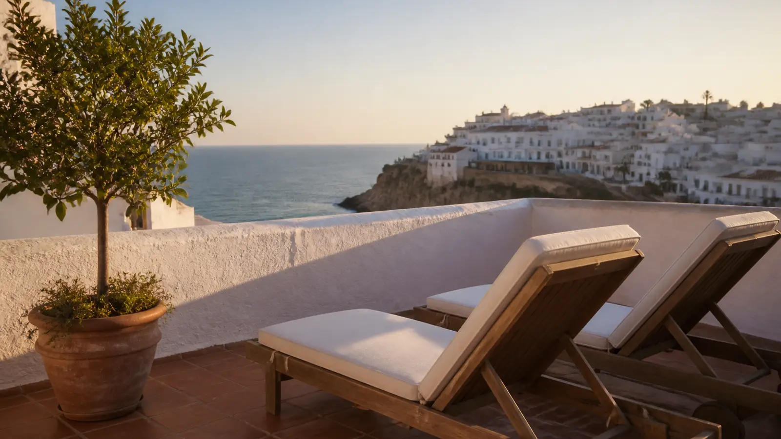 Private terrace with two loungers, an orange tree and the sea beyond in late light