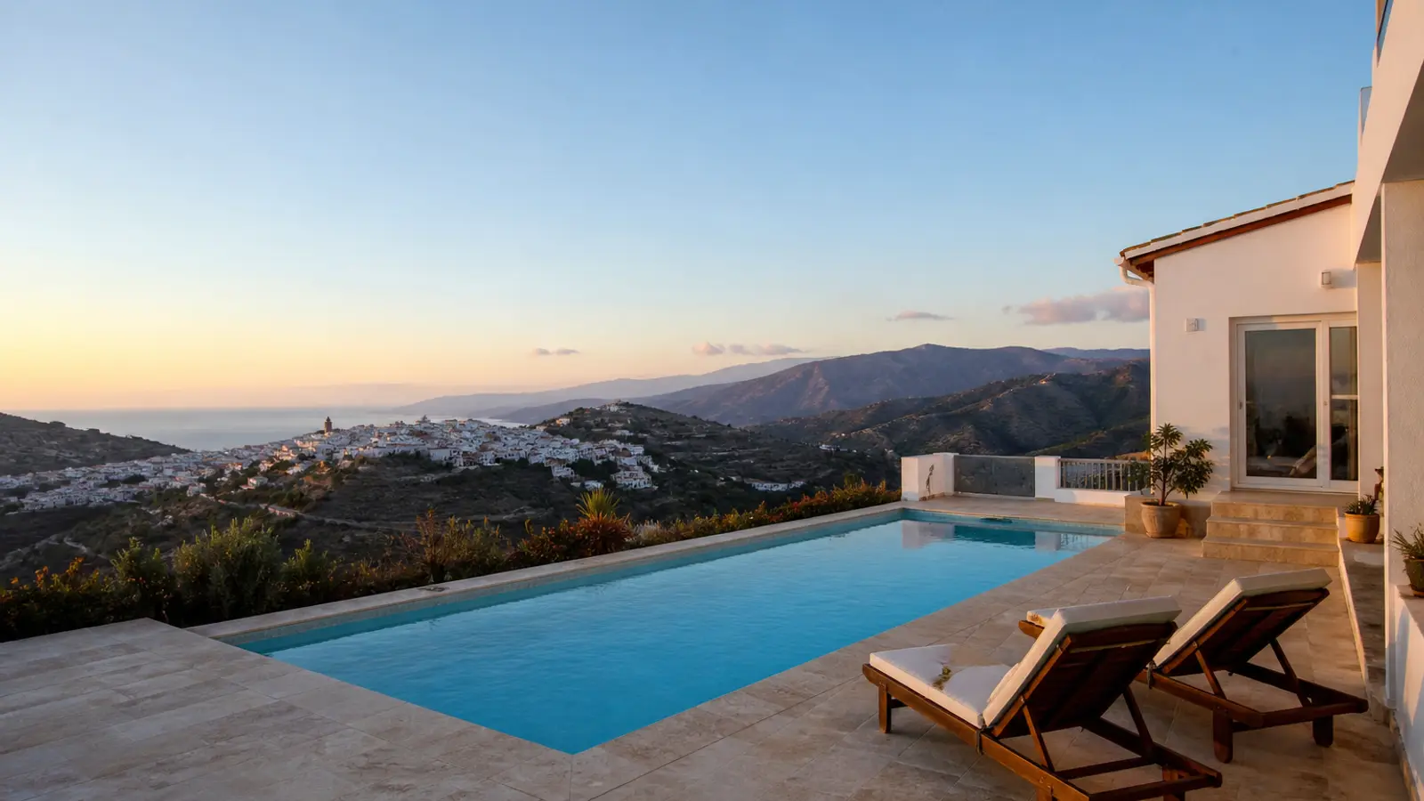 White villa with a rectangular pool and views over the white village and the sea at sunset