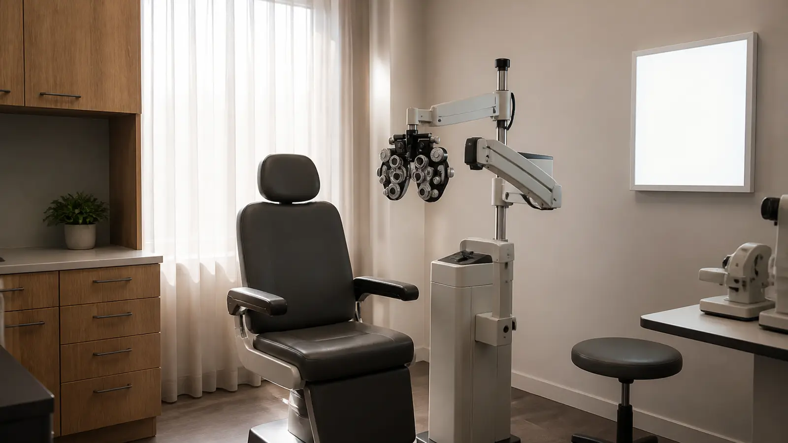 Examination room with phoropter, chair and morning light filtered through a linen curtain