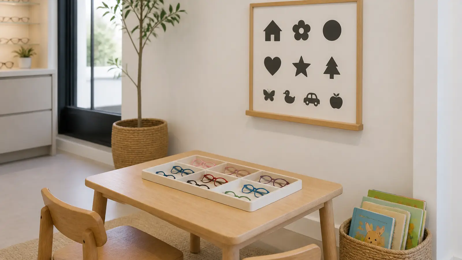 The optician's children's corner: low table, colourful frames and a symbol chart on the wall