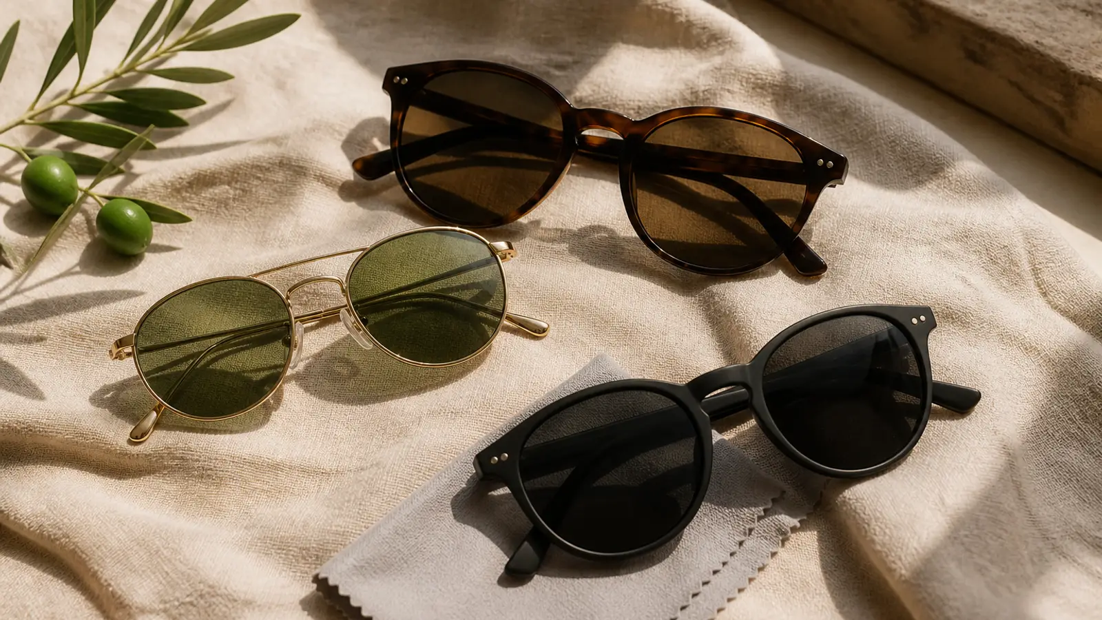 Tres gafas de sol sobre un paño de lino con una rama de olivo y luz de ventana