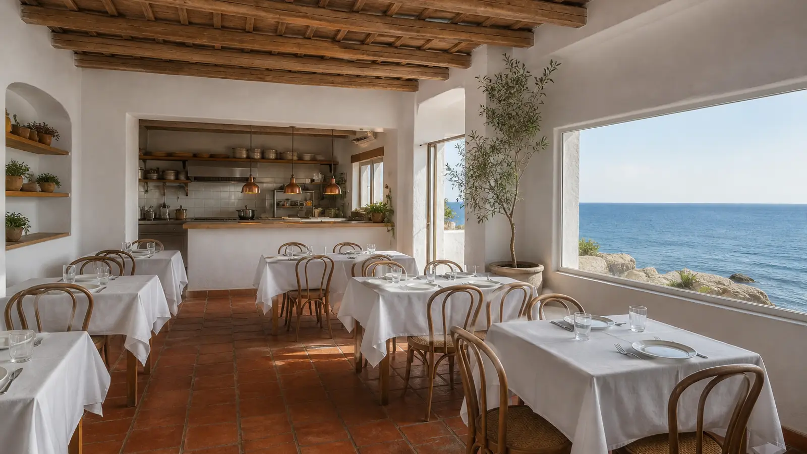 Restaurant dining room with beamed ceilings, white-clothed tables and a large window onto the sea