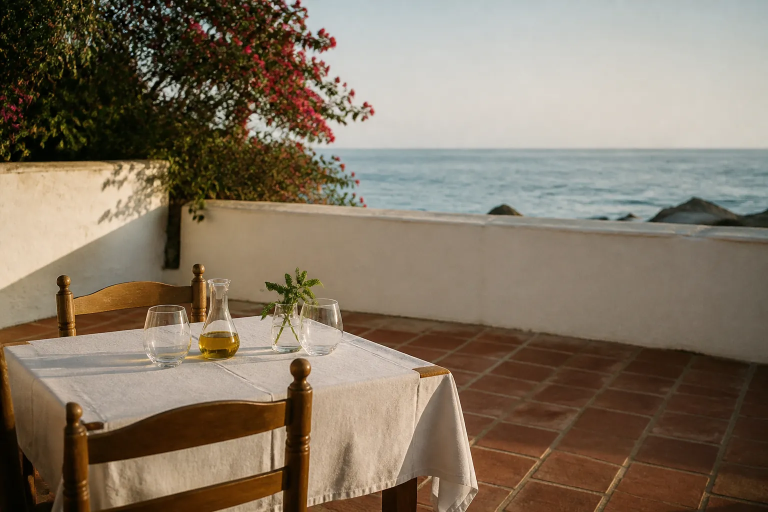 Mesa vestida con mantel blanco en una terraza vacía frente al mar, luz de tarde
