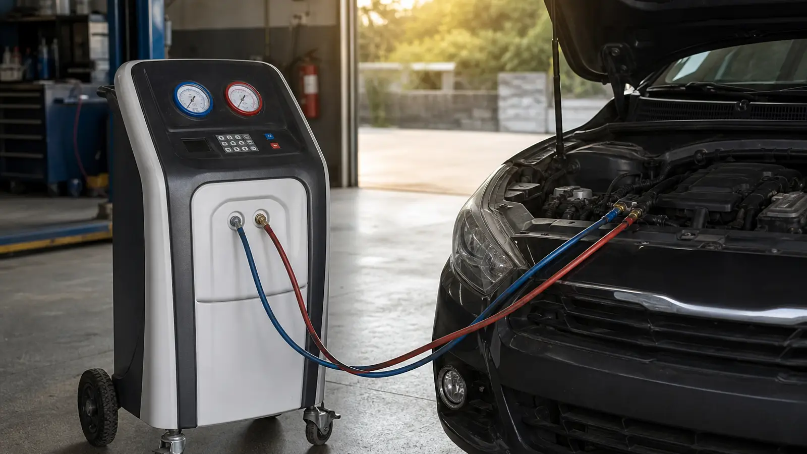 Air-conditioning service station connected to a car's engine bay in the workshop