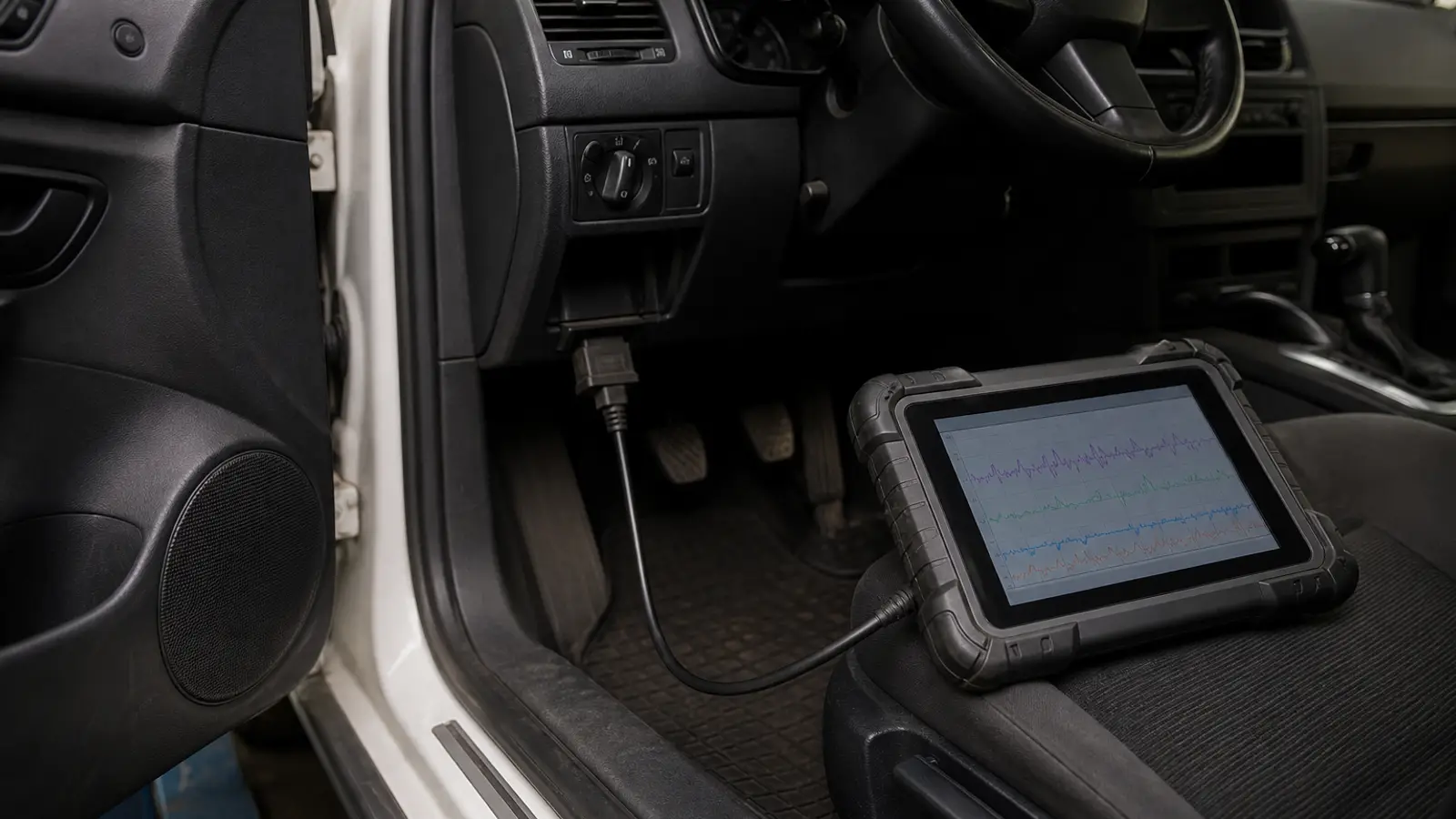 Diagnostic tablet on the driver's seat, cable plugged in under the dashboard