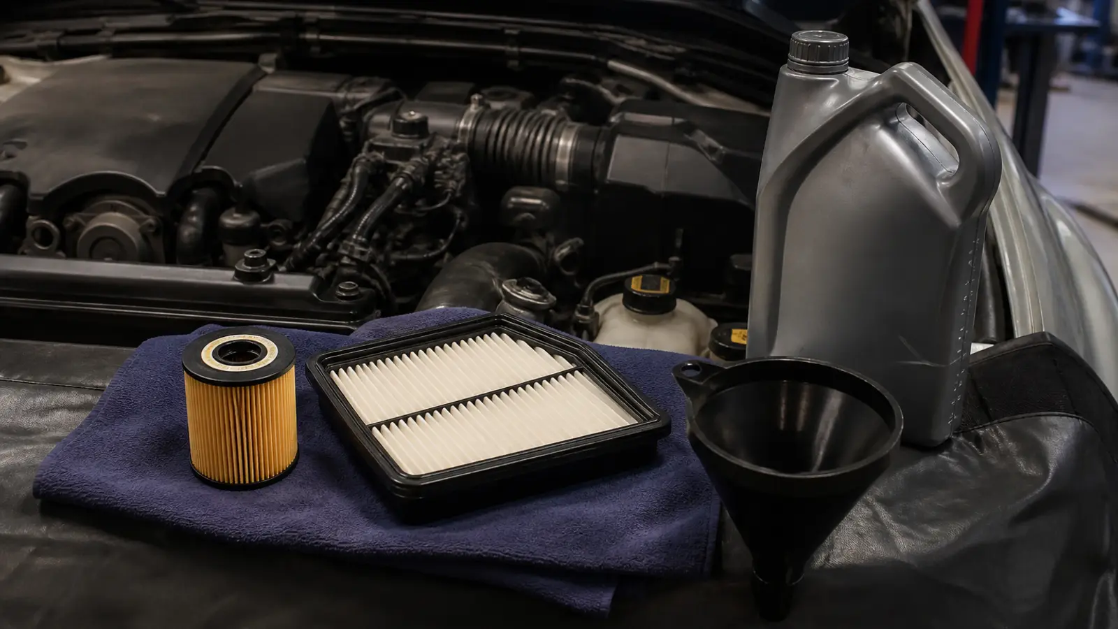 Open engine bay with new oil and air filters laid on a cloth over the wing