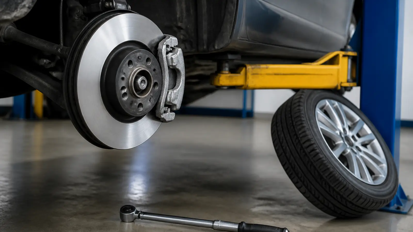 New brake disc and caliper fitted on the hub, with the wheel leaning against the lift post