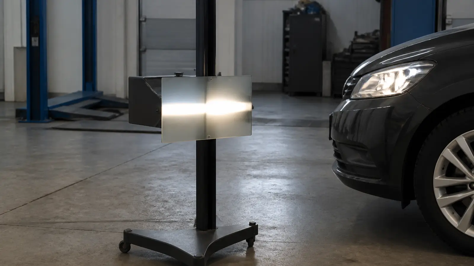 Headlight beam tester in front of a car's headlights in the workshop bay
